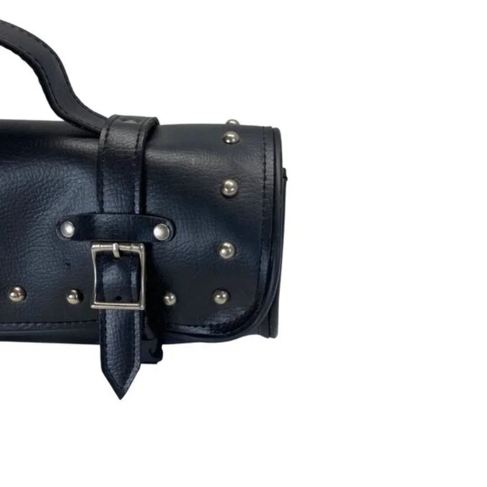 Black Leather Studded Motorcycle Handlebar Tool Bag With Buckle Straps